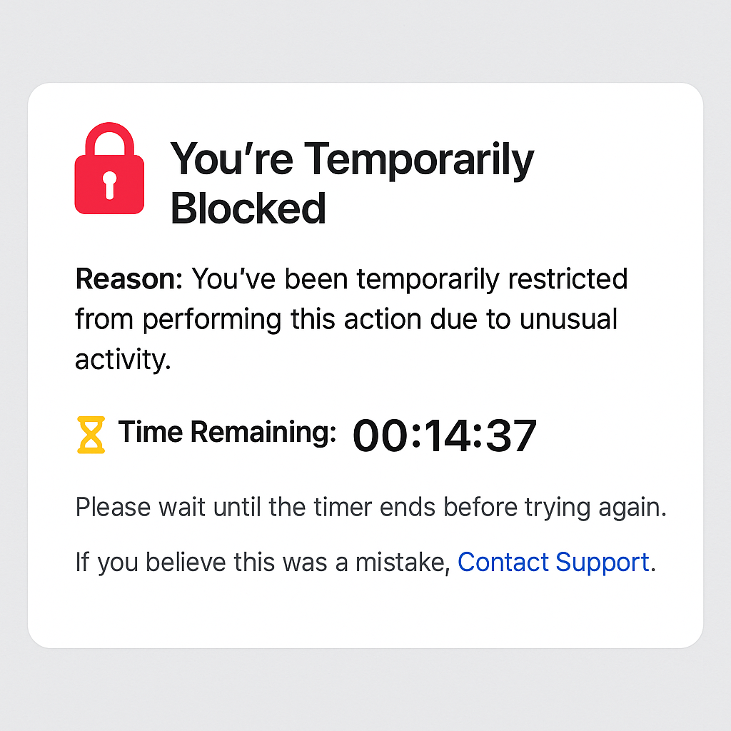 Timer showing ''Blocked'' message on social media site