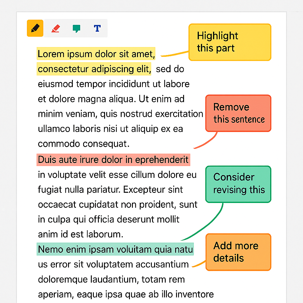 Annotated PDF with colorful highlights and comments using Kami
