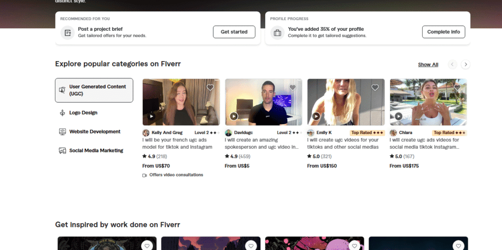 Fiverr homepage with popular gigs like logo design, content writing, and video editing.