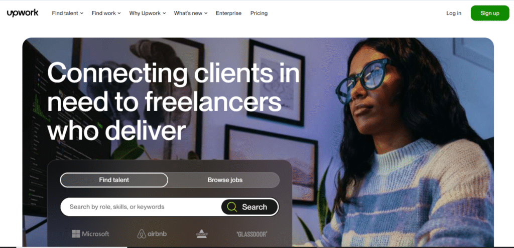 Upwork interface showing job feed and freelancer profile previews