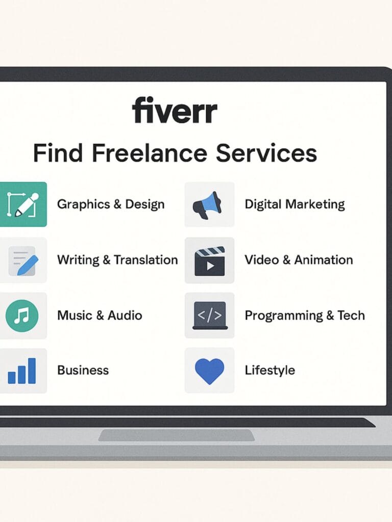 A categorized Fiverr services page with icons representing different categories such as design, writing, and video editing on a modern laptop screen