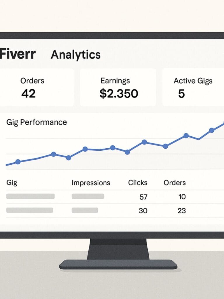 Fiverr analytics panel with graphs and gig performance metrics highlighted, viewed on a high-resolution desktop setup