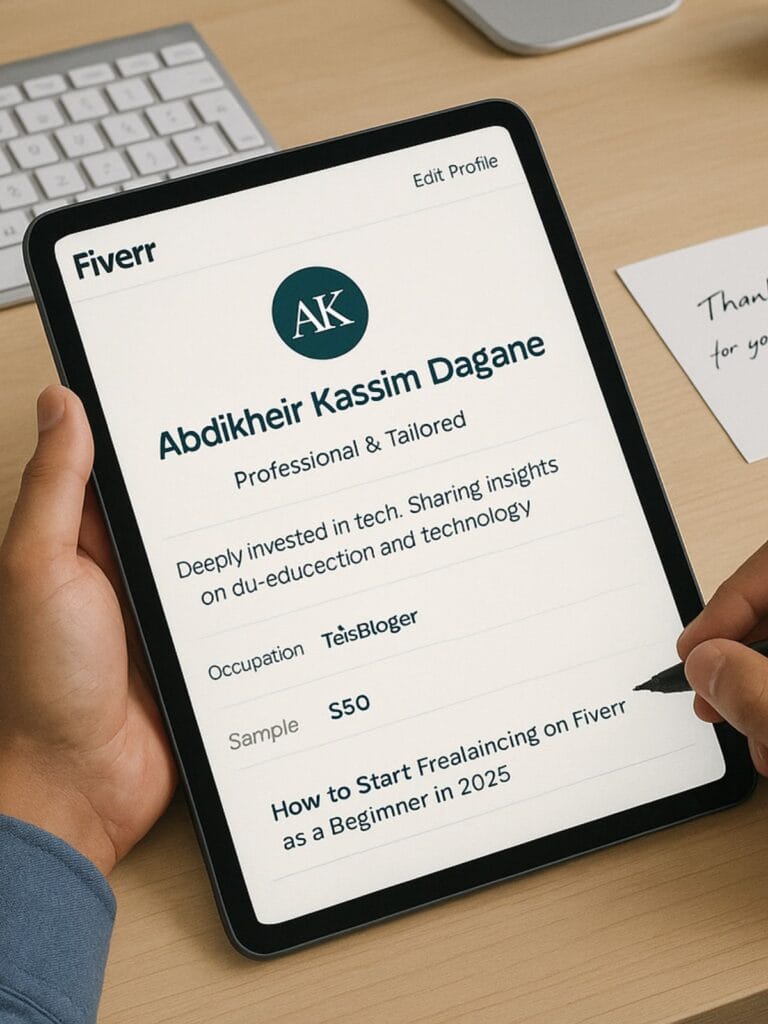 A visual of a freelancer analyzing Fiverr performance metrics and planning services using sticky notes and a monthly calendar.