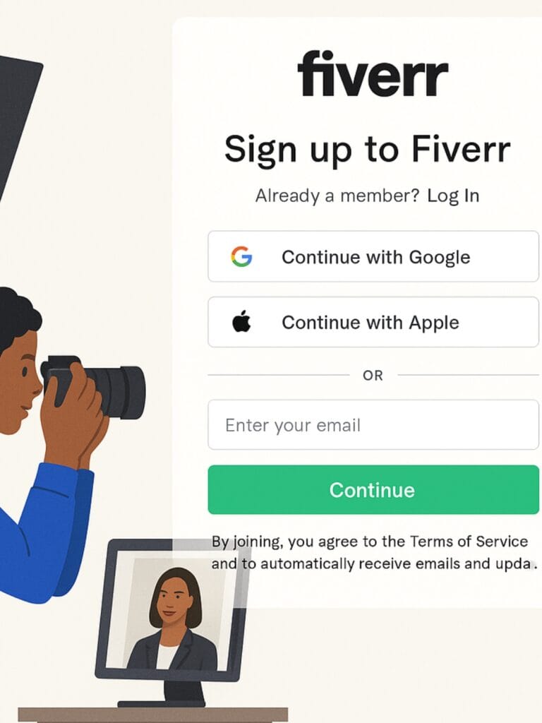 A clean user interface showing the Fiverr signup page with a person preparing a professional photo on the side of the screen