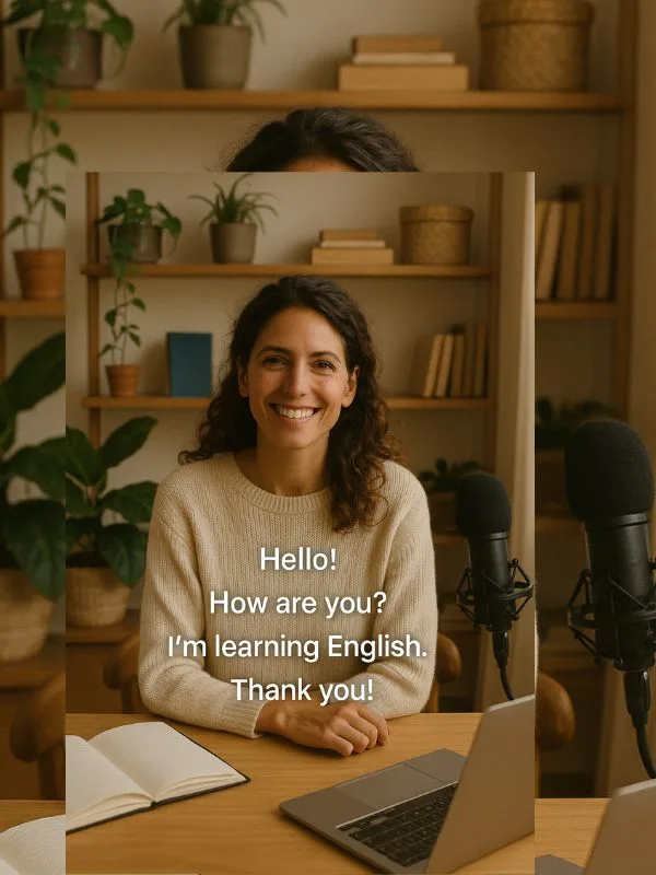 A woman sitting in a cozy home studio, smiling at the camera, with subtitles showing English phrases.