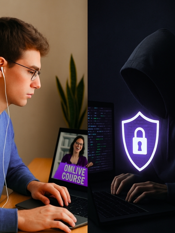 A split screen of a student on the left taking an online course and a virtual hacking lab on the right