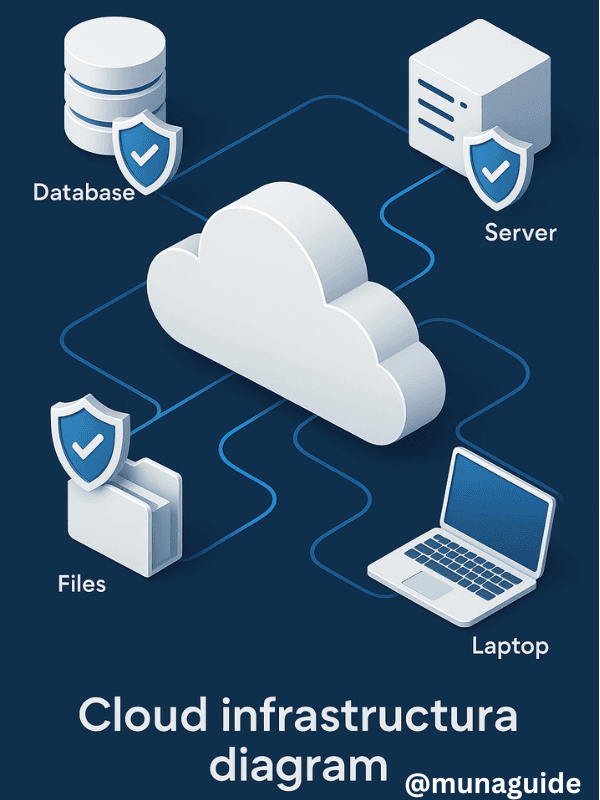 3D cloud infrastructure diagram with security shields around each data flows