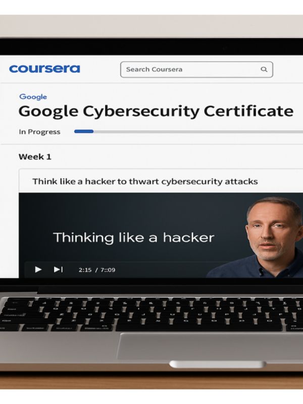 Laptop with Coursera platform showing Google Cybersecurity Certificate course, with learning status and when working on video tutorial