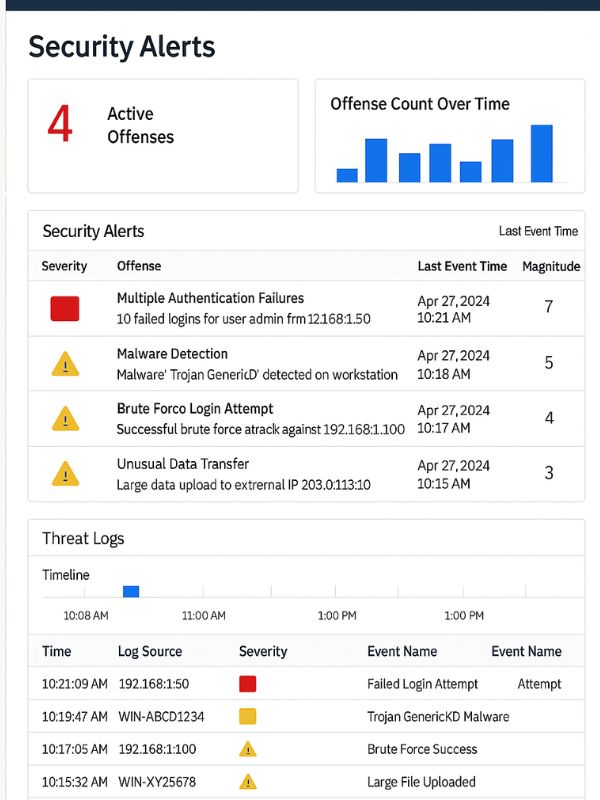 Screenshot of IBM QRadar dashboard with threat logs and security alerts as part of a simulated cybersecurity incident
