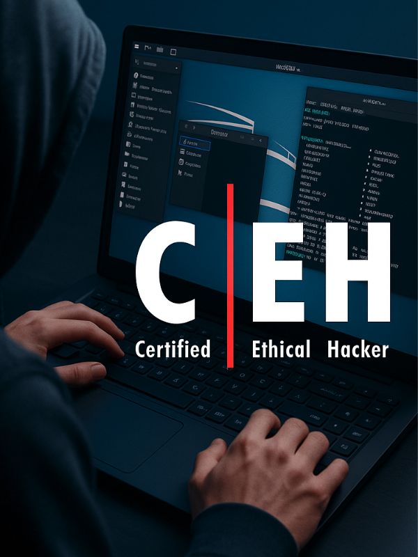 Ethical hacker working in a VM with Kali Linux, open-source penetration testing tools, and CEH logo overlay