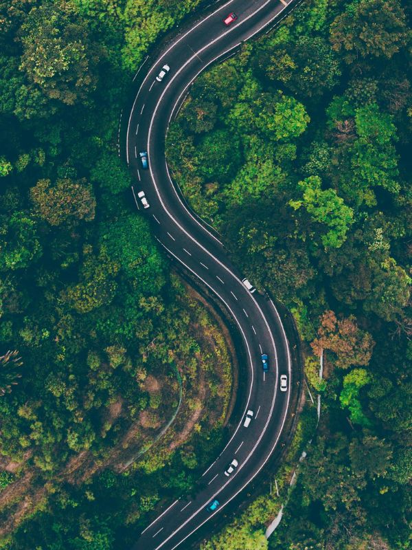 A drone image of the Road to Hana winding up and around lush tropical foliage.