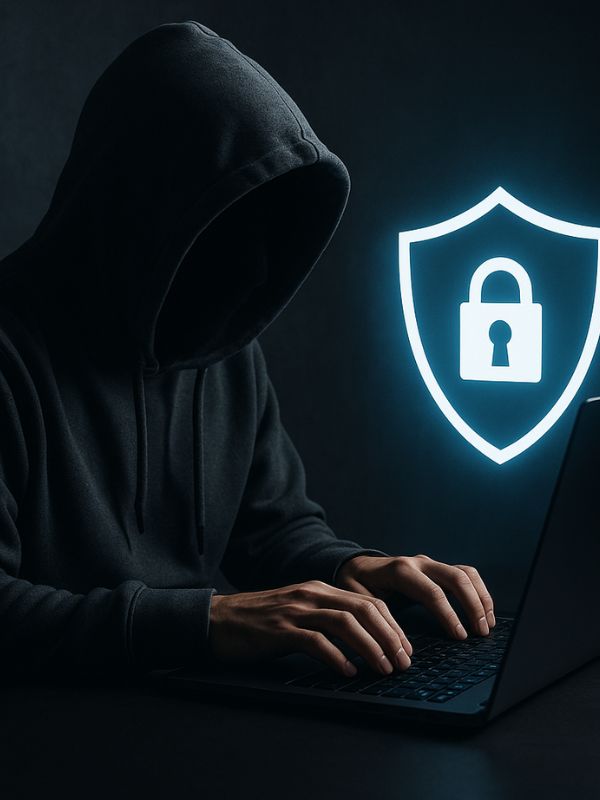 A hacker typing on a laptop with shield icon over their screen, illustrating cybersecurity courses
