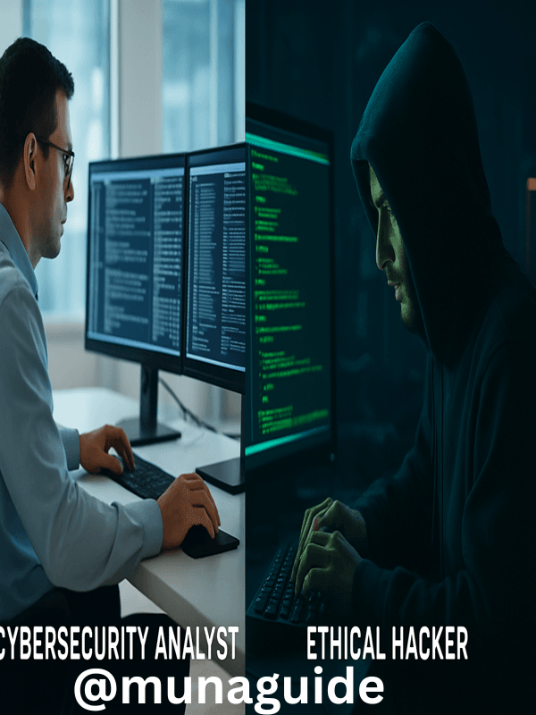Split screen cybersecurity analyst reviewing logs and ethical hacker typing code in terminal window.