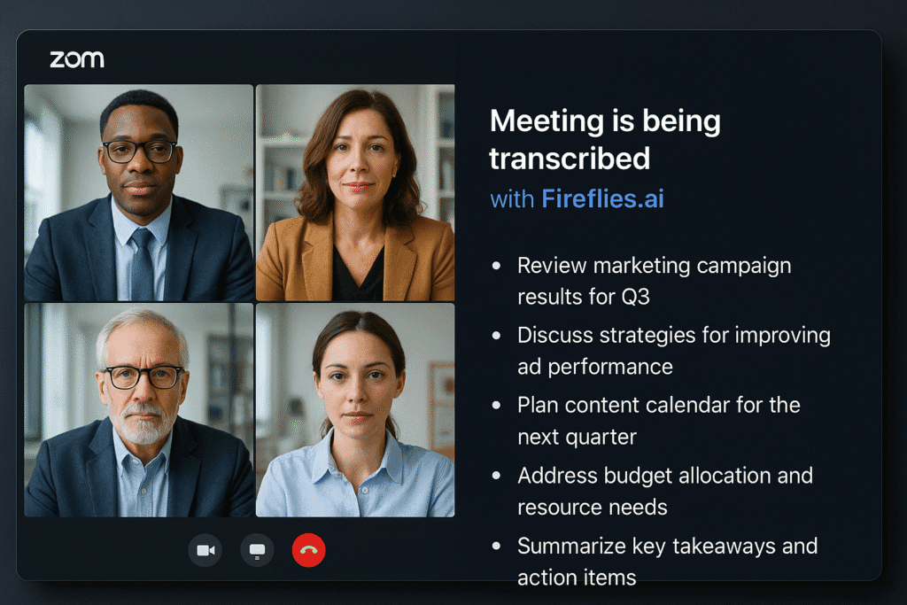 A Zoom meeting being transcribed live on a split-screen using Fireflies.ai with bullet points appearing instantly.