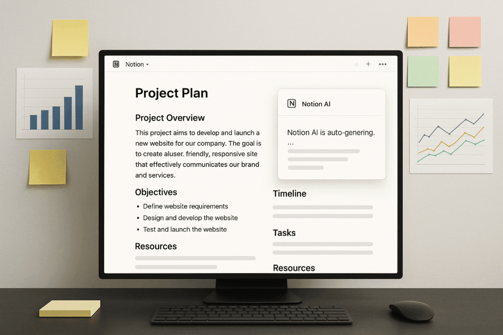 A desktop screen with Notion AI auto-generating a project plan, alongside charts and sticky notes in the workspace.