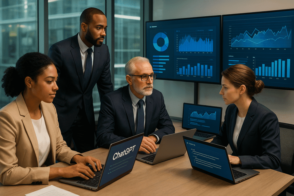 business team using ChatGPT on multiple screens in a modern office, with charts and dashboards on large displays
