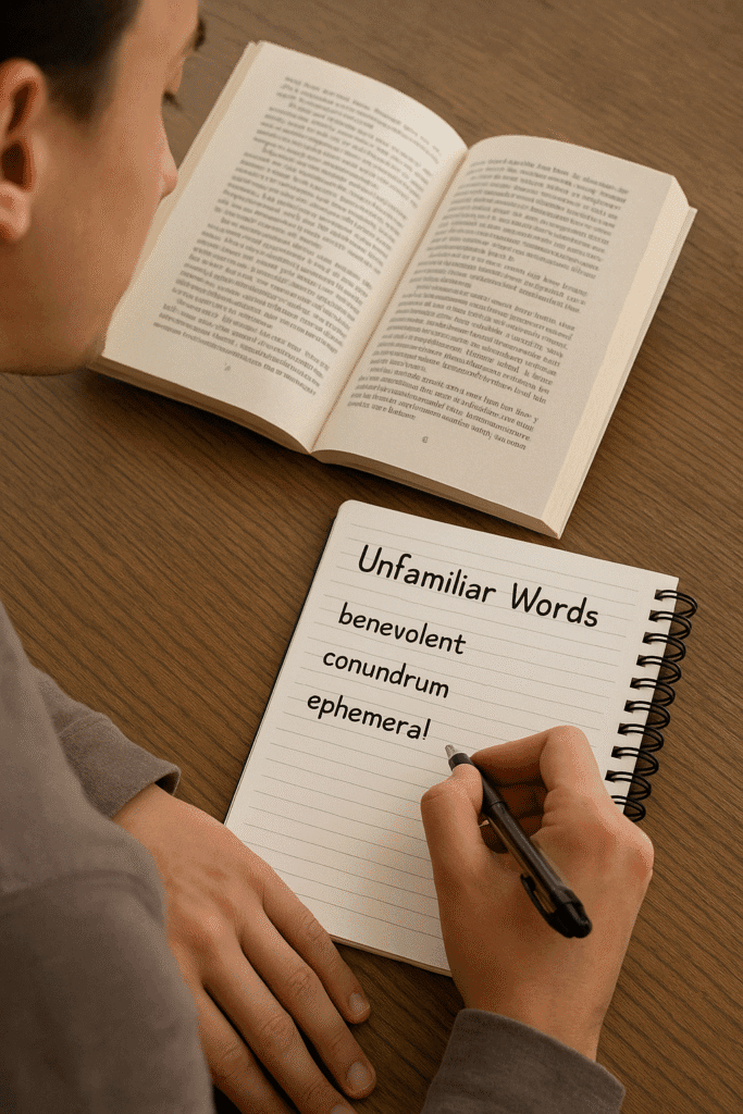 A person is reading a book with a notebook, and they are writing down words they are unfamiliar with.