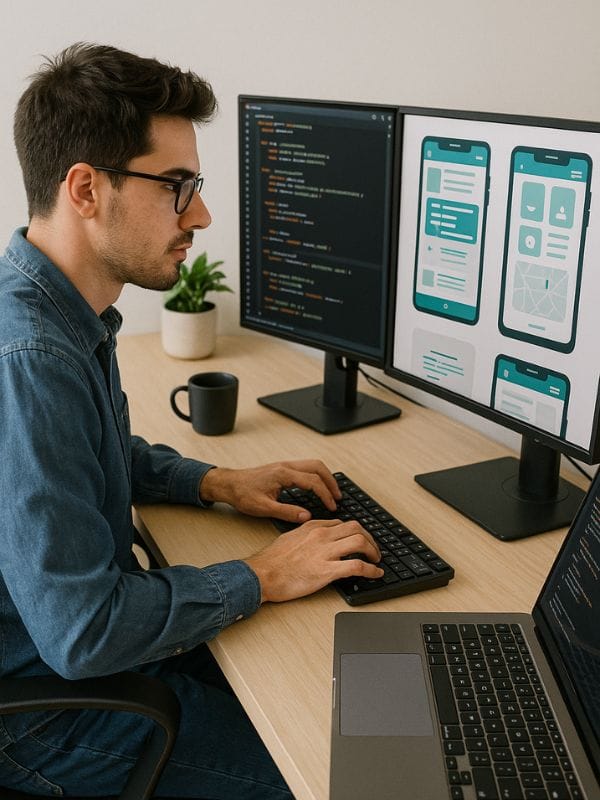 A freelance developer coding a mobile application inside a modern workspace with a dual monitor setup to code and see design mockups.