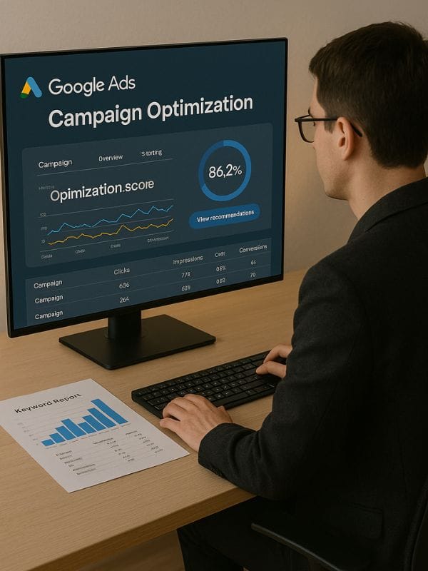 A digital marketing freelancer is optimizing a Google Ads campaign on the large screen while looking at keyword reports