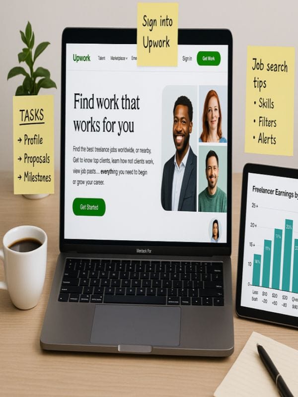 A modern digital workspace, with a laptop displaying a screenshot of the Upwork homepage with notes surrounding it and a tablet displaying freelancer niche earnings by hour.