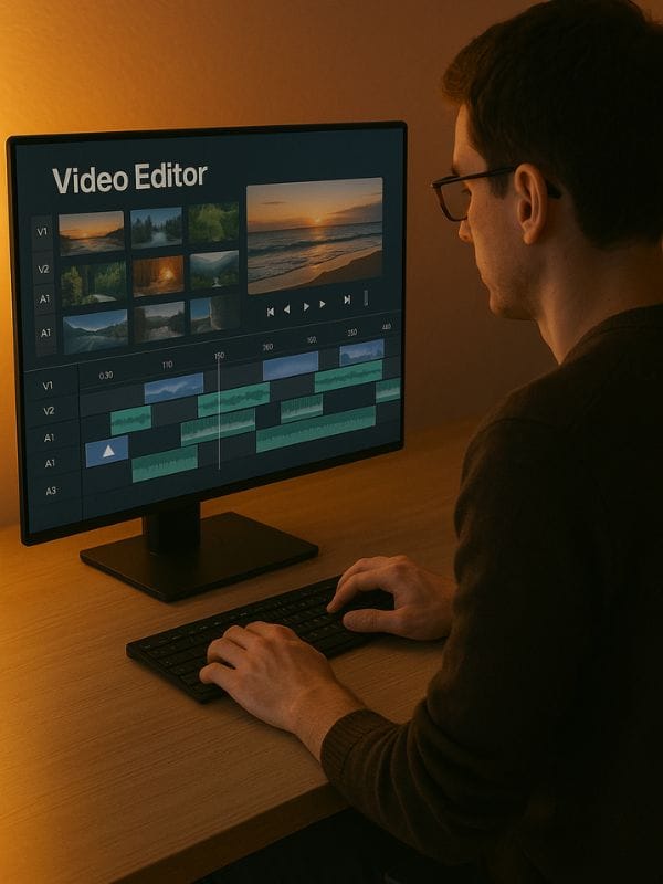 A freelance video editor working on a timeline interface that contains clips and transitions on the screen set against ambient lighting