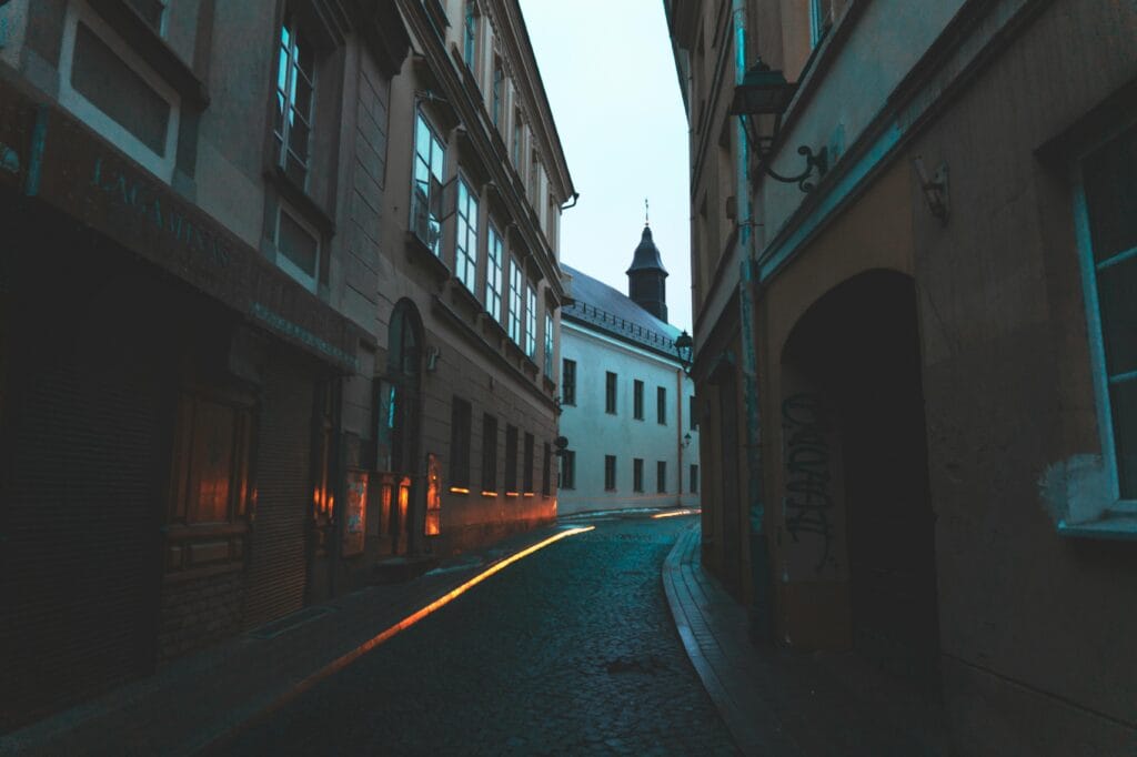 Dark, moody twilight photo of Tallinn’s medieval old town from a viewpoint with a solo traveler journaling.