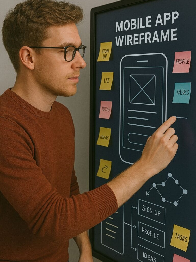 A designer creating a mobile app wireframe on a digital board with sticky notes and user journey maps.