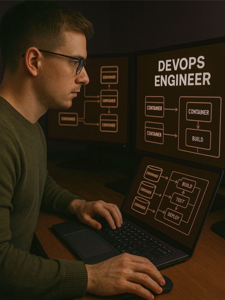 A DevOps engineer managing containers and deployment pipelines on multiple screens.