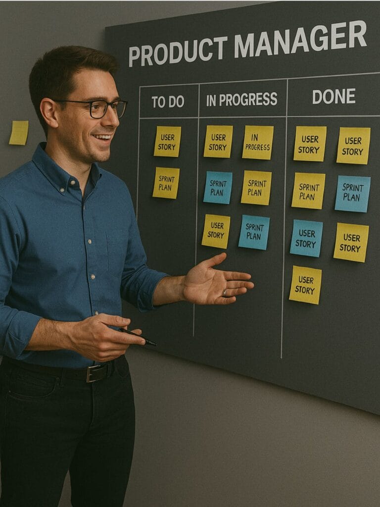 A product manager hosting a brainstorming session with a kanban board and sticky notes filled with user stories and sprint plans.