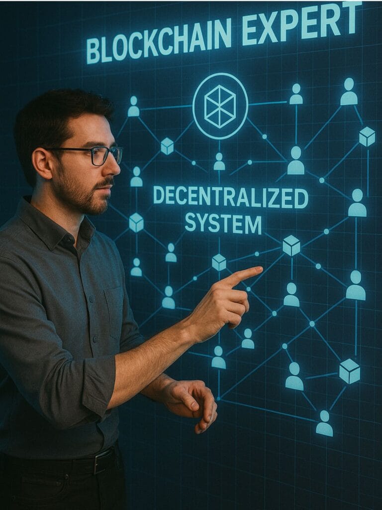 A blockchain expert illustrating a decentralized system on a futuristic digital screen.