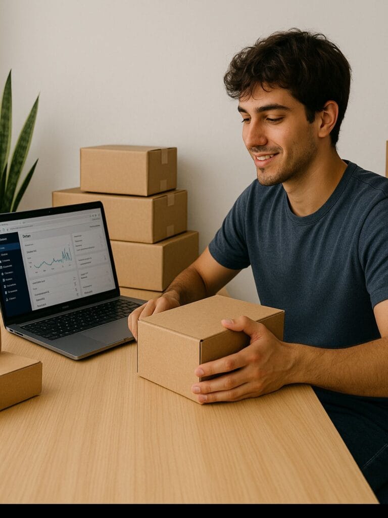 An online seller (Best Side Hustles ) organizing products for their small e-commerce business with a laptop showing Shopify dashboard and packages on the table.