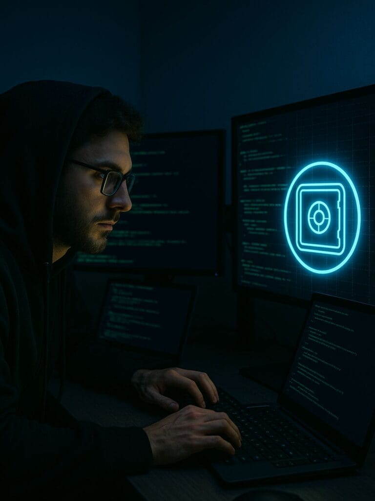 An ethical hacker working the night shift, with multiple monitors that display code, and a digital vault icon glowing on the screen.
