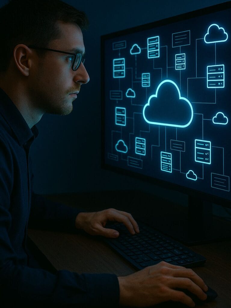 A cloud computing specialist analyzing a dashboard with multiple servers and cloud icons interconnected.