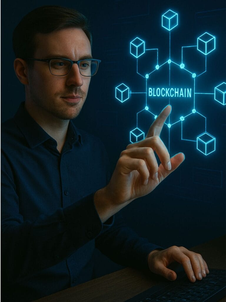 A blockchain expert illustrating a decentralized system on a futuristic digital screen.