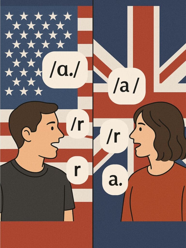 A split-screen image: on the left, an American flag and a person speaking with phonetic symbols; on the right, a British flag and a person pronouncing the same words differently