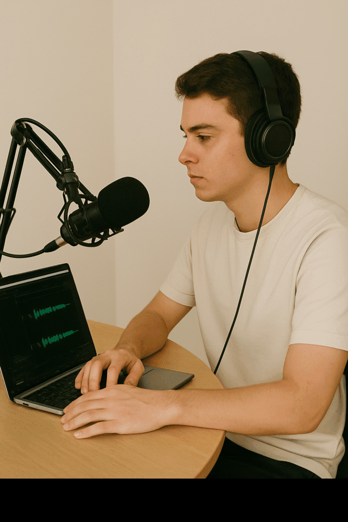 A student recording a podcast episode with a mic and laptop in a minimalist room, editing on audio software.
