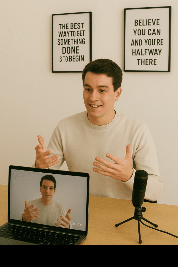 A student giving a virtual coaching session via Zoom, with a clean setup and motivational quotes in the background.
