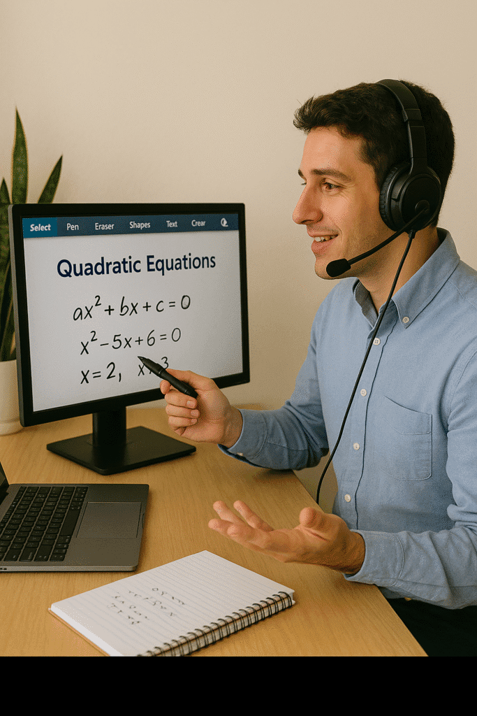 A virtual tutor conducting an online math session from a home office, with digital whiteboard and headphones on.